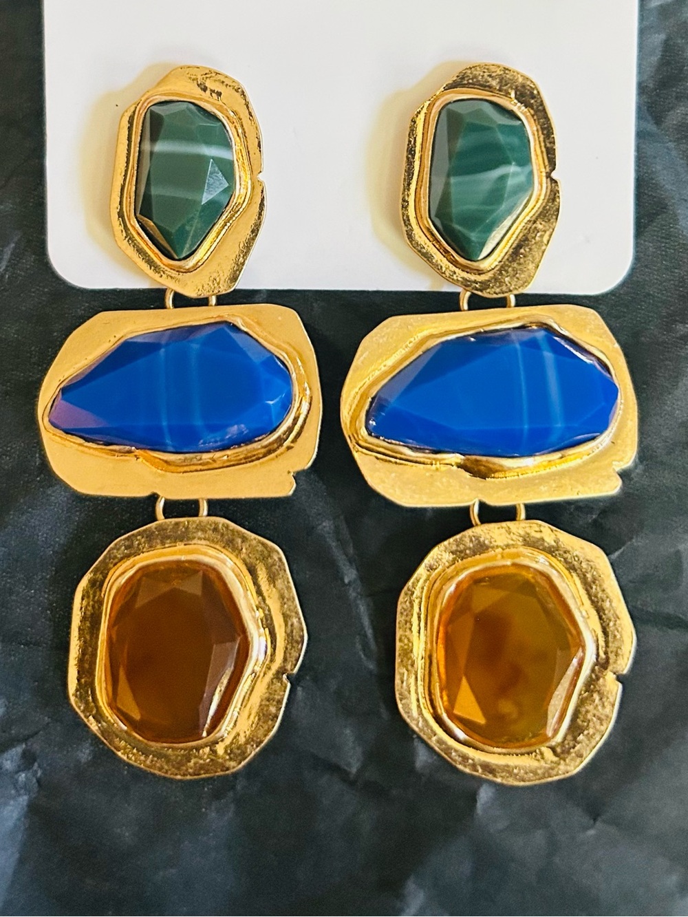 Gold-Tone Triple Stone Drop Earrings with Blue, Green & Amber Stones NWOT